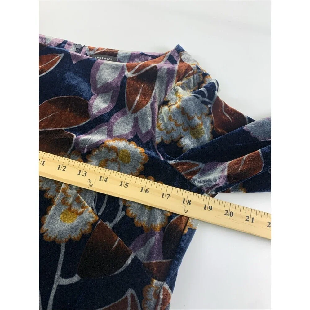 Ann Taylor Long Sleeve Velvet Shift Dress Boat Neck Floral Puff Sleeves 8 Tall - Picture 8 of 12